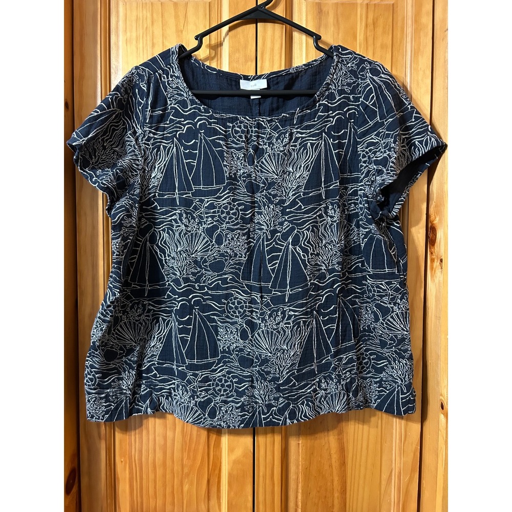 J. Jill Women's Large Blue White Sailboat Print Cotton Gauze Blouse Nautical Top